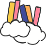 Colorful books stacked on two white clouds.