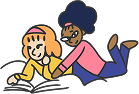 Two children lying on the ground reading a book.