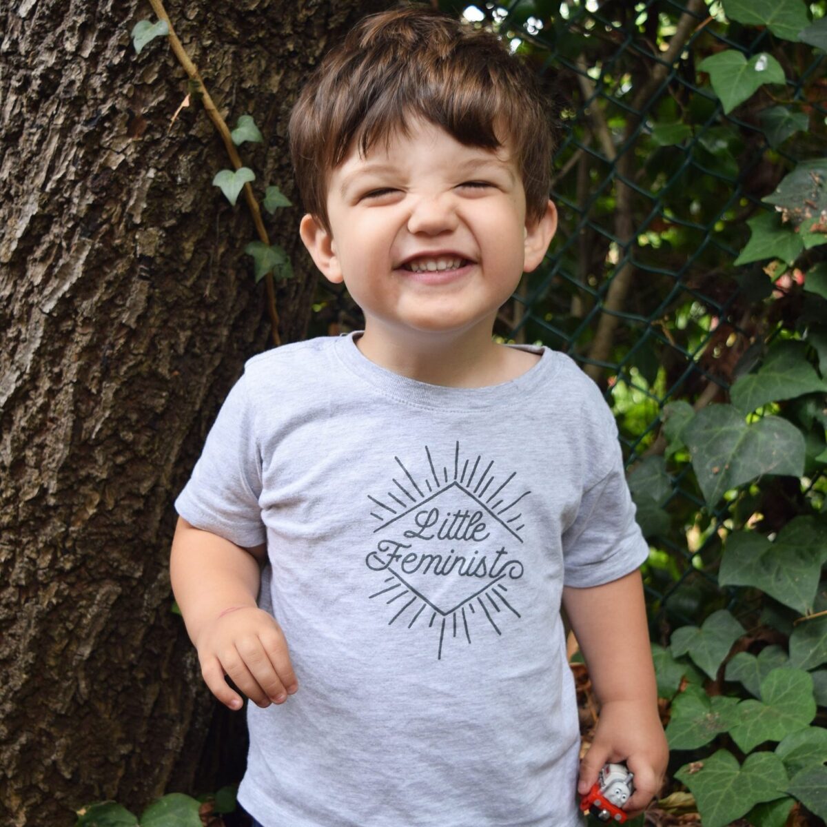 Little Feminist grey kid's shirt in action