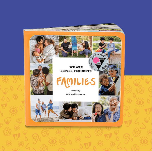 Book titled 'Families' by We Are Little Feminists on a blue and yellow patterned background
