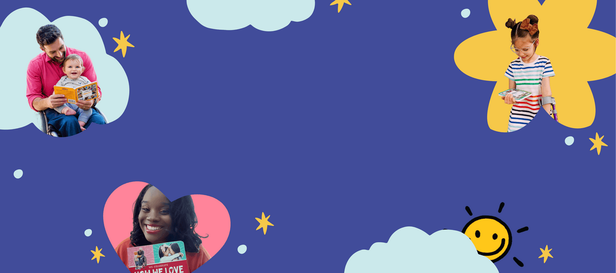 Collage of people with books on a blue background with stars, clouds and flowers.