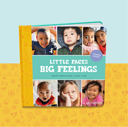 Book titled 'Little Faces Big Feelings' with images of children on a yellow and blue background