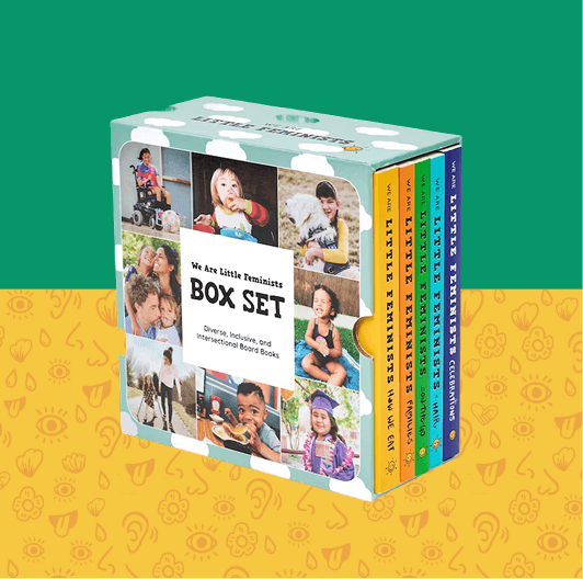 Set of books titled 'We Are Little Feminists Box Set' on a green and yellow patterned background